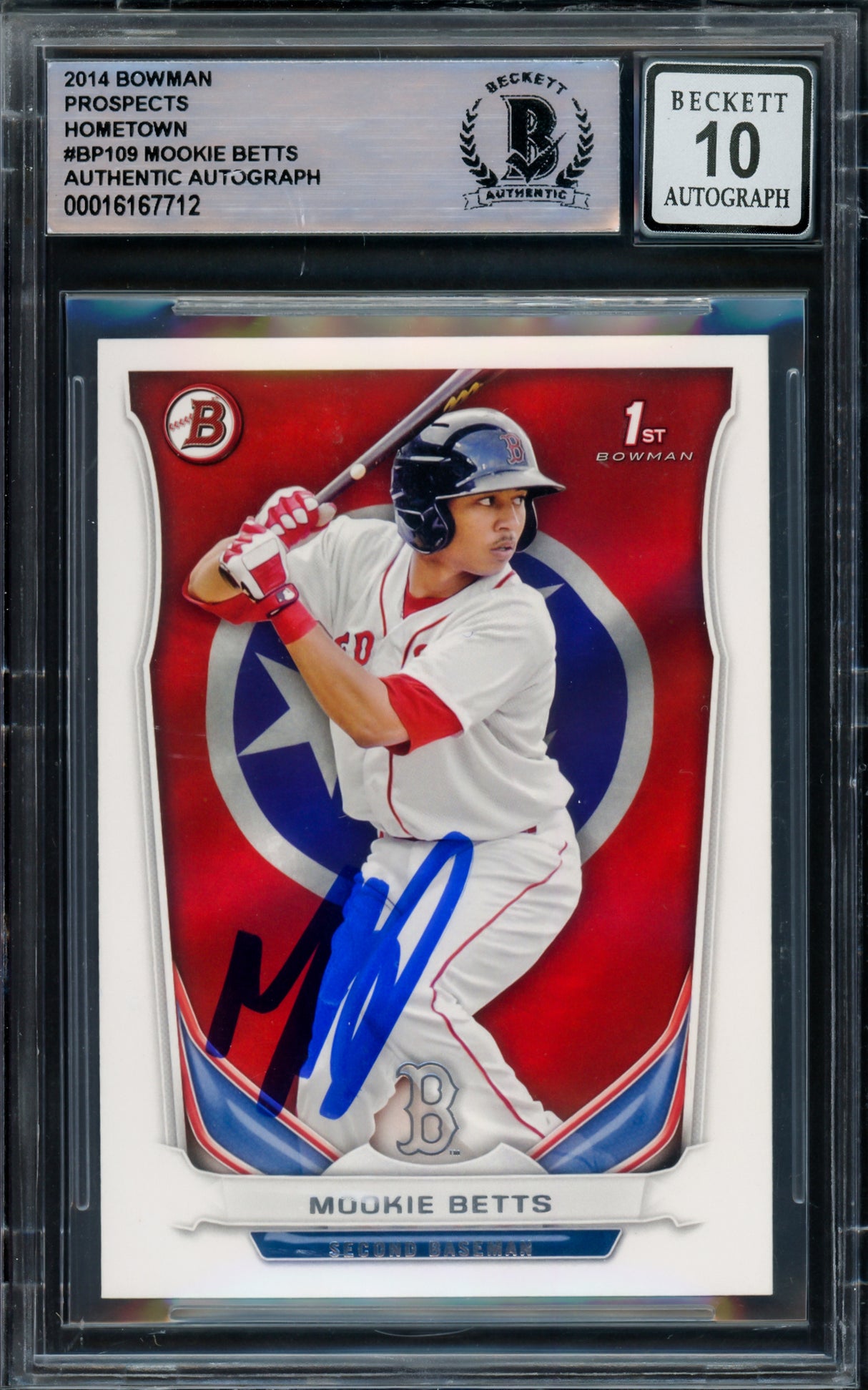 Mookie Betts Autographed 2014 Bowman State & Hometown Rookie Card #BP109 Boston Red Sox Auto Grade Gem Mint 10 Beckett BAS #16167712