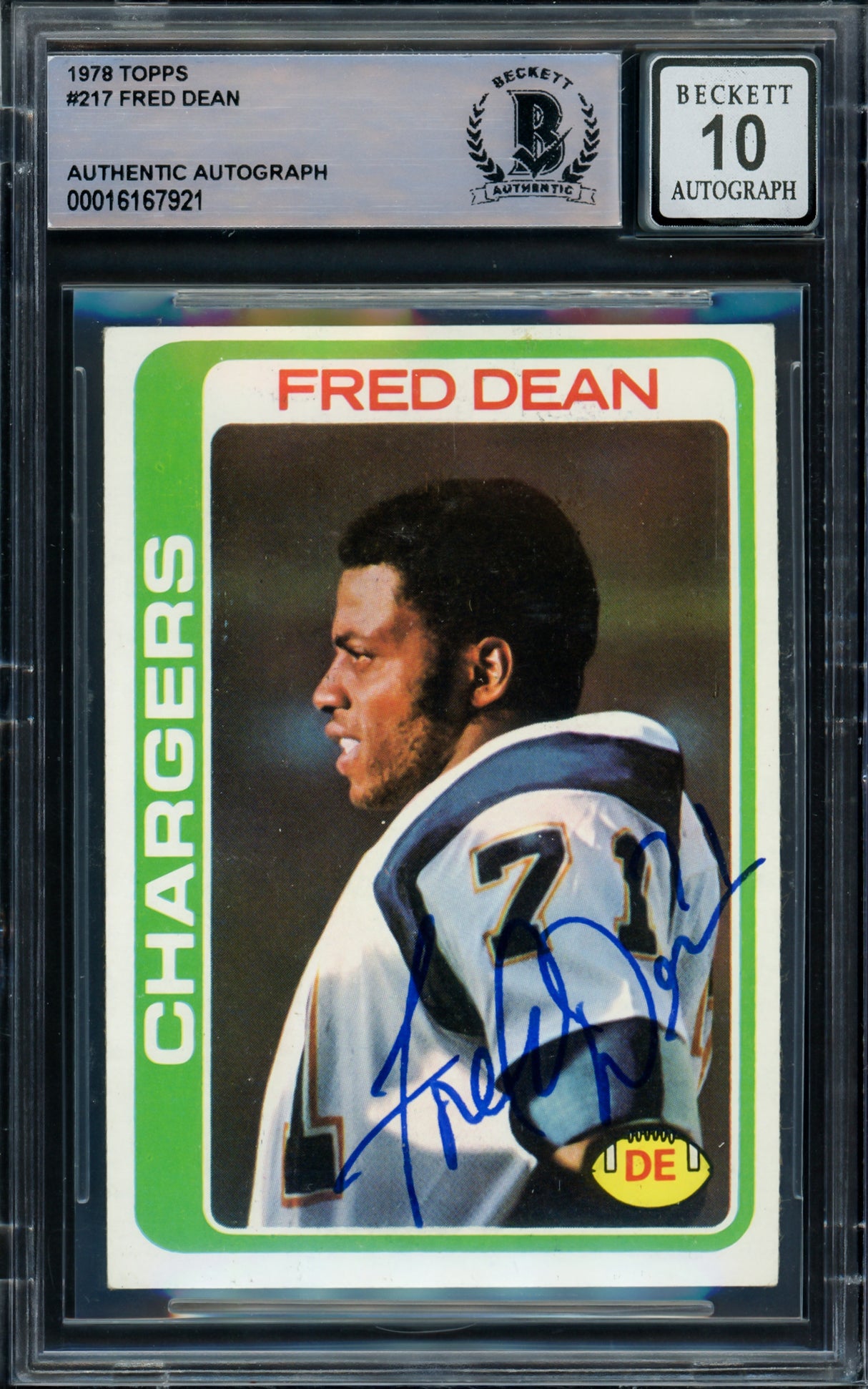 Fred Dean Autographed 1978 Topps Rookie Card #217 San Diego Chargers Auto Grade Gem Mint 10 Beckett BAS #16167921