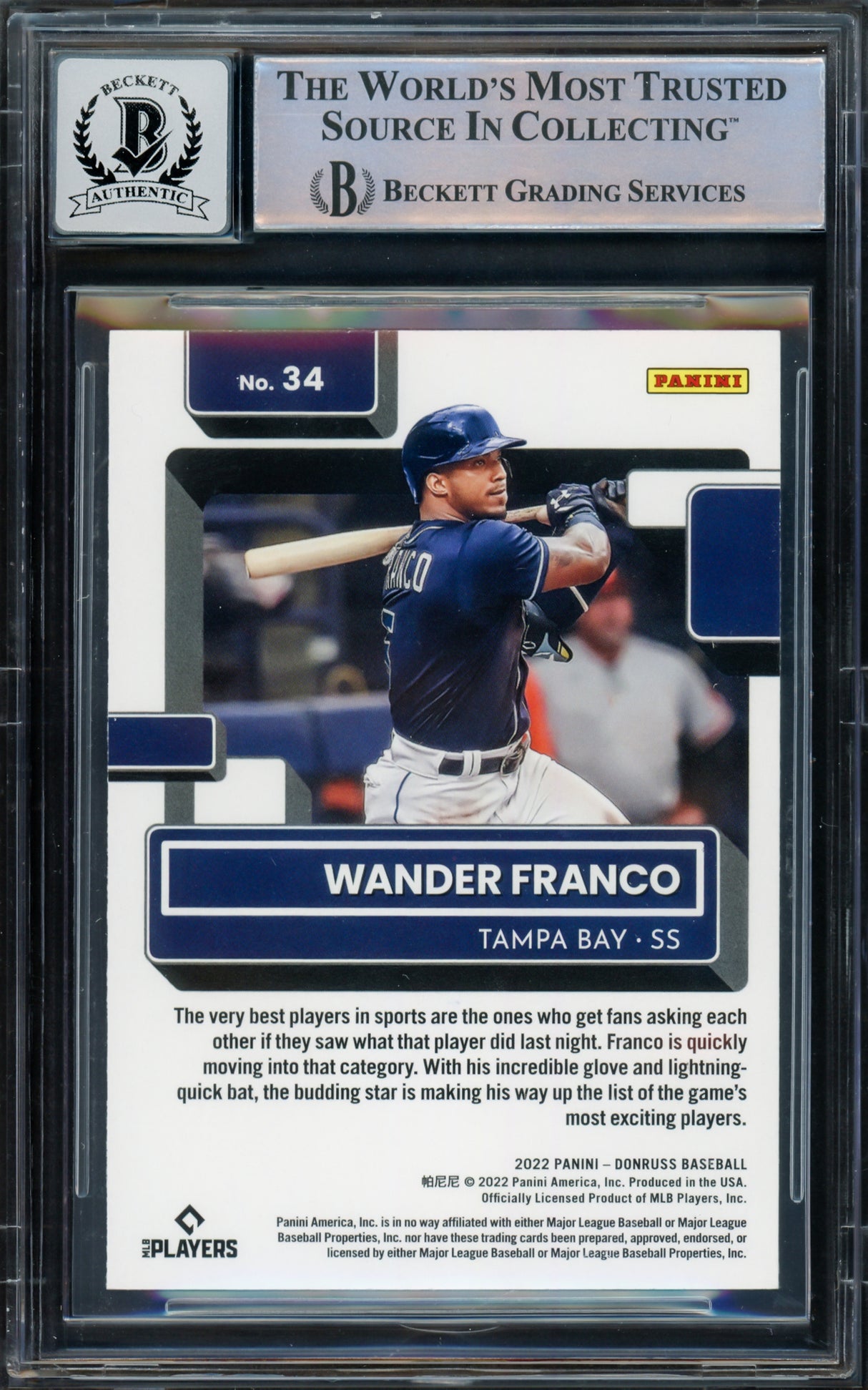 Wander Franco Autographed 2022 Donruss Rated Rookie Card #34 Tampa Bay Rays Auto Grade Gem Mint 10 Beckett BAS #16168430