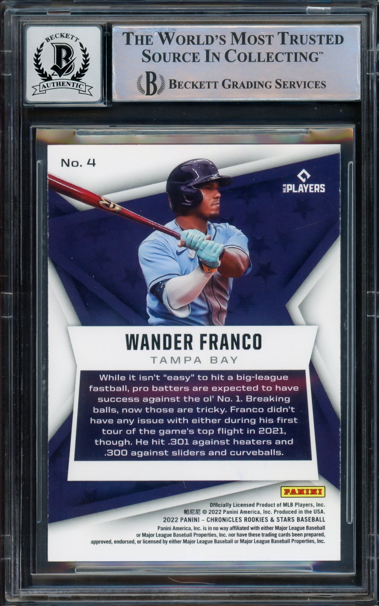 Wander Franco Autographed 2022 Panini Chronicles Rookie & Stars Rookie Card #4 Tampa Bay Rays Auto Grade Gem Mint 10 Beckett BAS #16168432