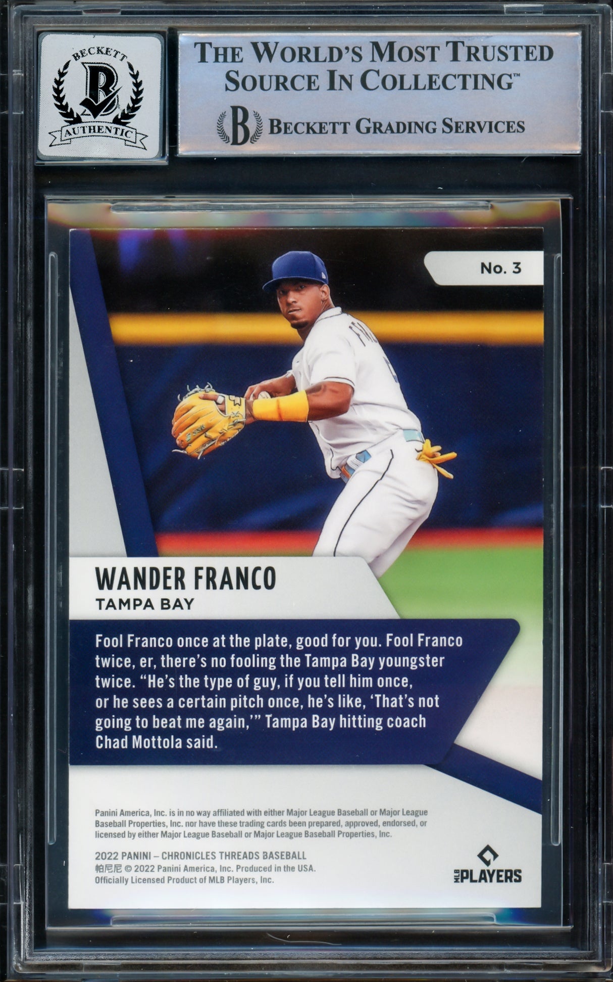 Wander Franco Autographed 2022 Panini Chronicles Threads Rookie Card #3 Tampa Bay Rays Auto Grade Gem Mint 10 Beckett BAS #16168433