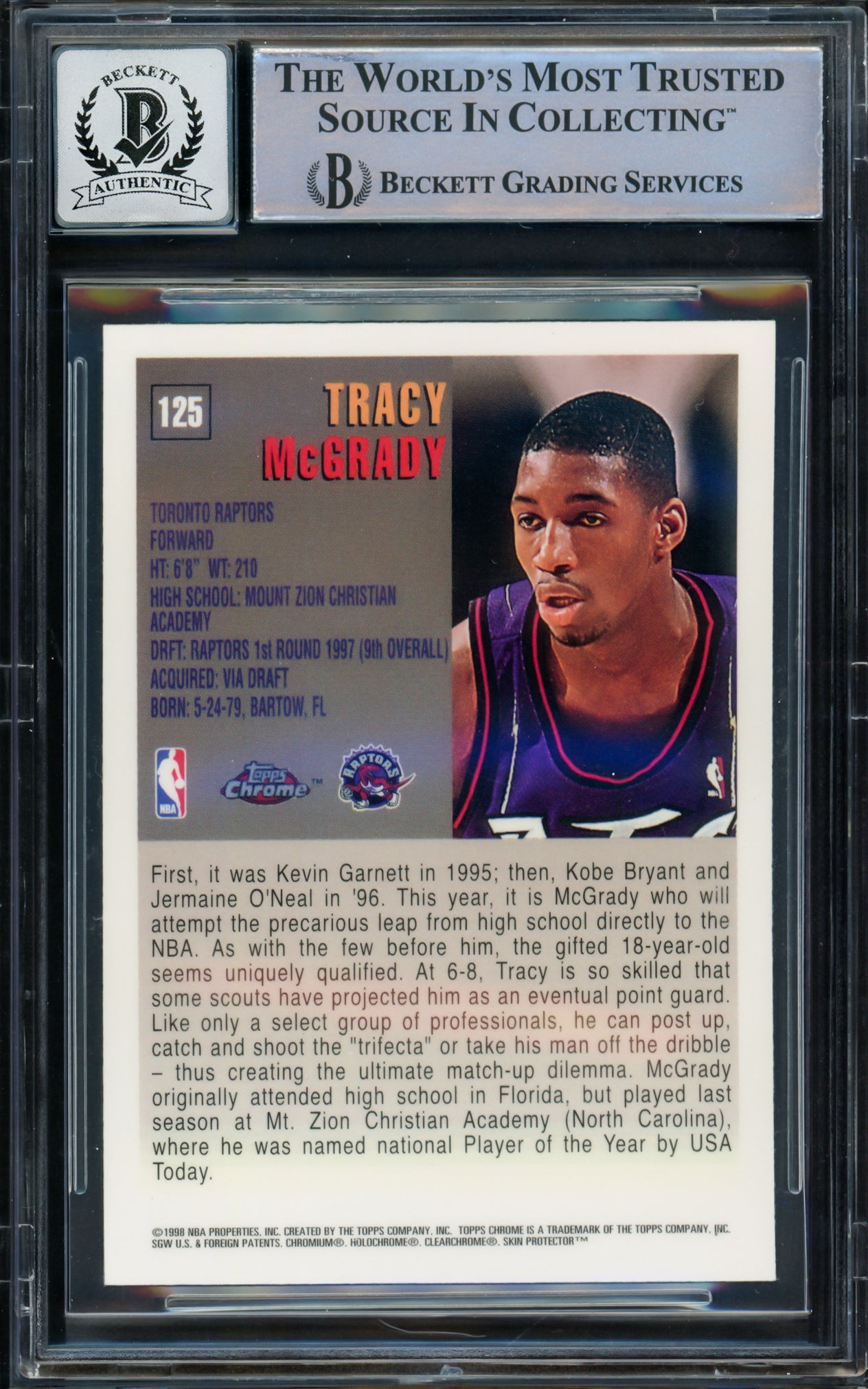 Tracy McGrady Autographed 1997-98 Topps Chrome Rookie Card #125 Toronto Raptors Auto Grade Gem Mint 10 Beckett BAS #16169659