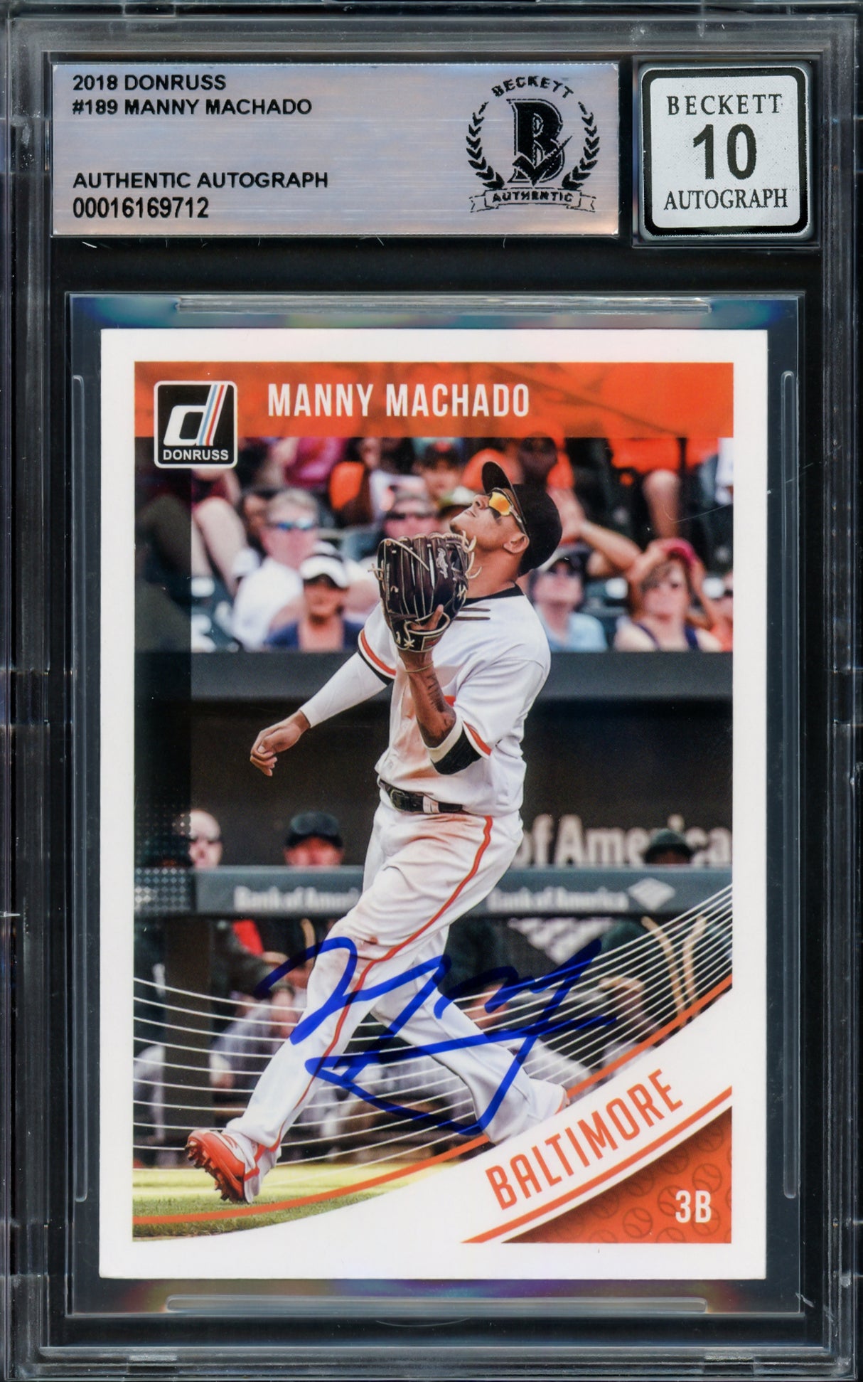 Manny Machado Autographed 2018 Donruss Card #189 Baltimore Orioles Auto Grade Gem Mint 10 Fielding Beckett BAS #16169712