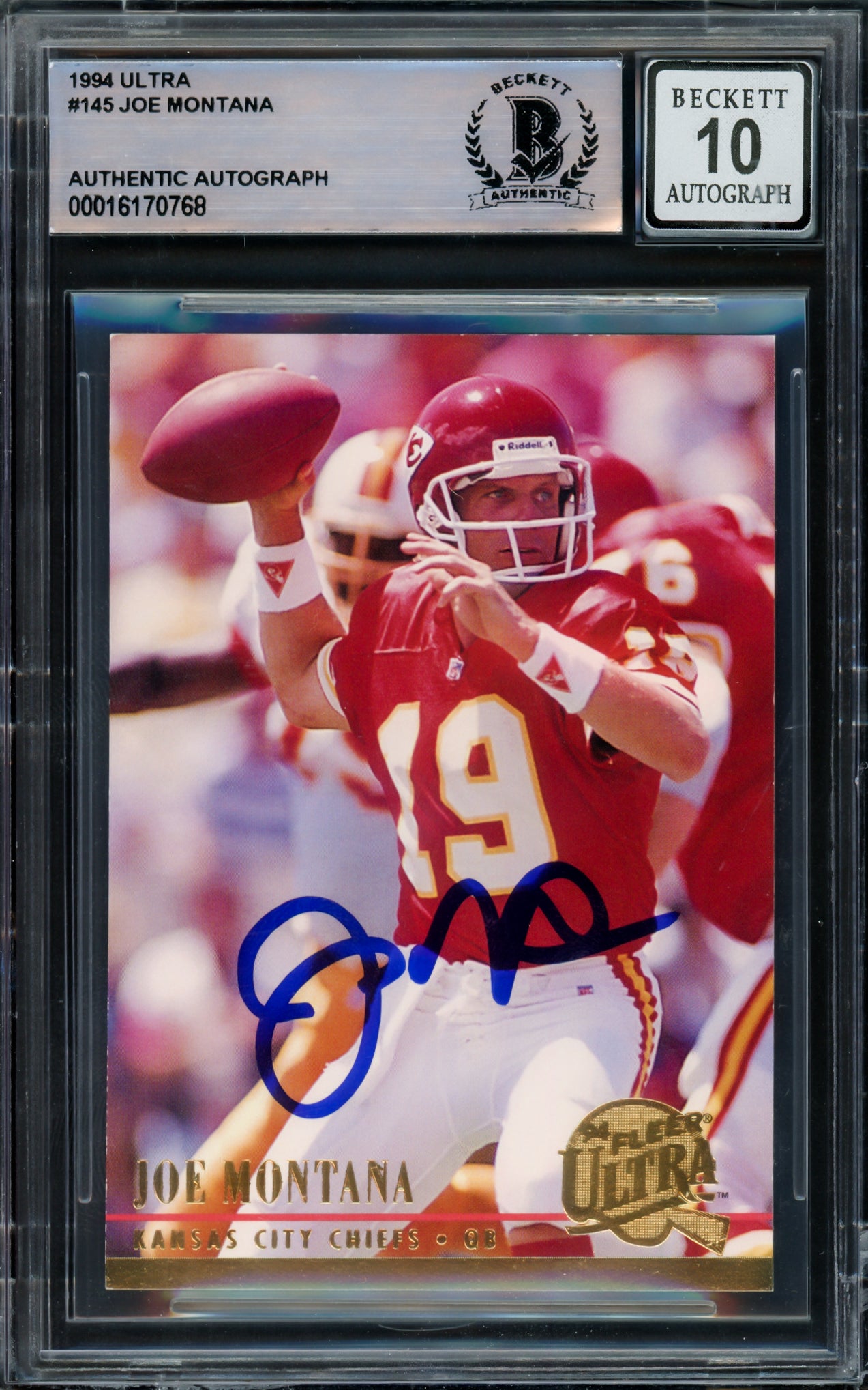 Joe Montana Autographed 1994 Fleer Ultra Card #145 Kansas City Chiefs Auto Grade Gem Mint 10 Beckett BAS #16170768