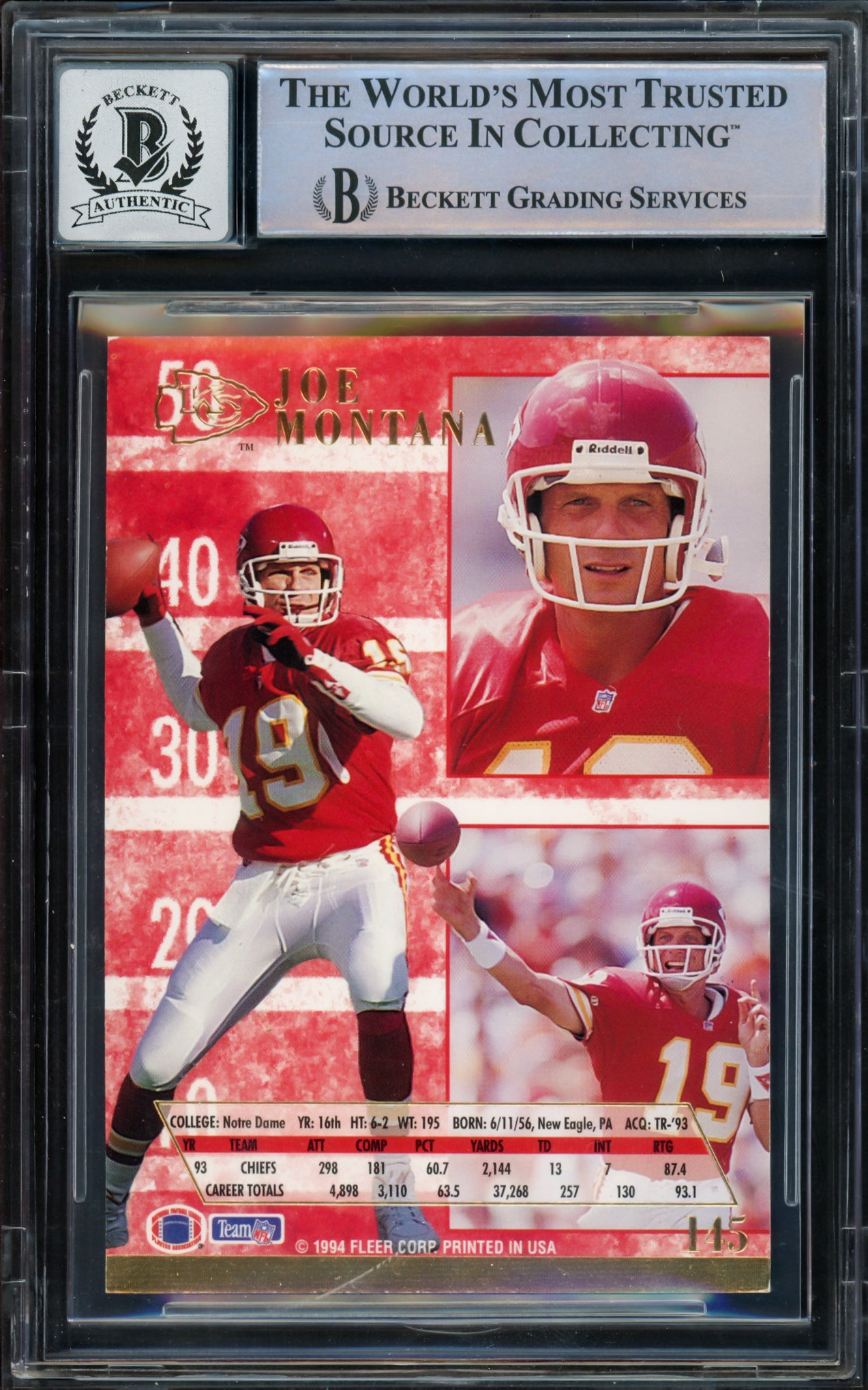 Joe Montana Autographed 1994 Fleer Ultra Card #145 Kansas City Chiefs Auto Grade Gem Mint 10 Beckett BAS #16170768