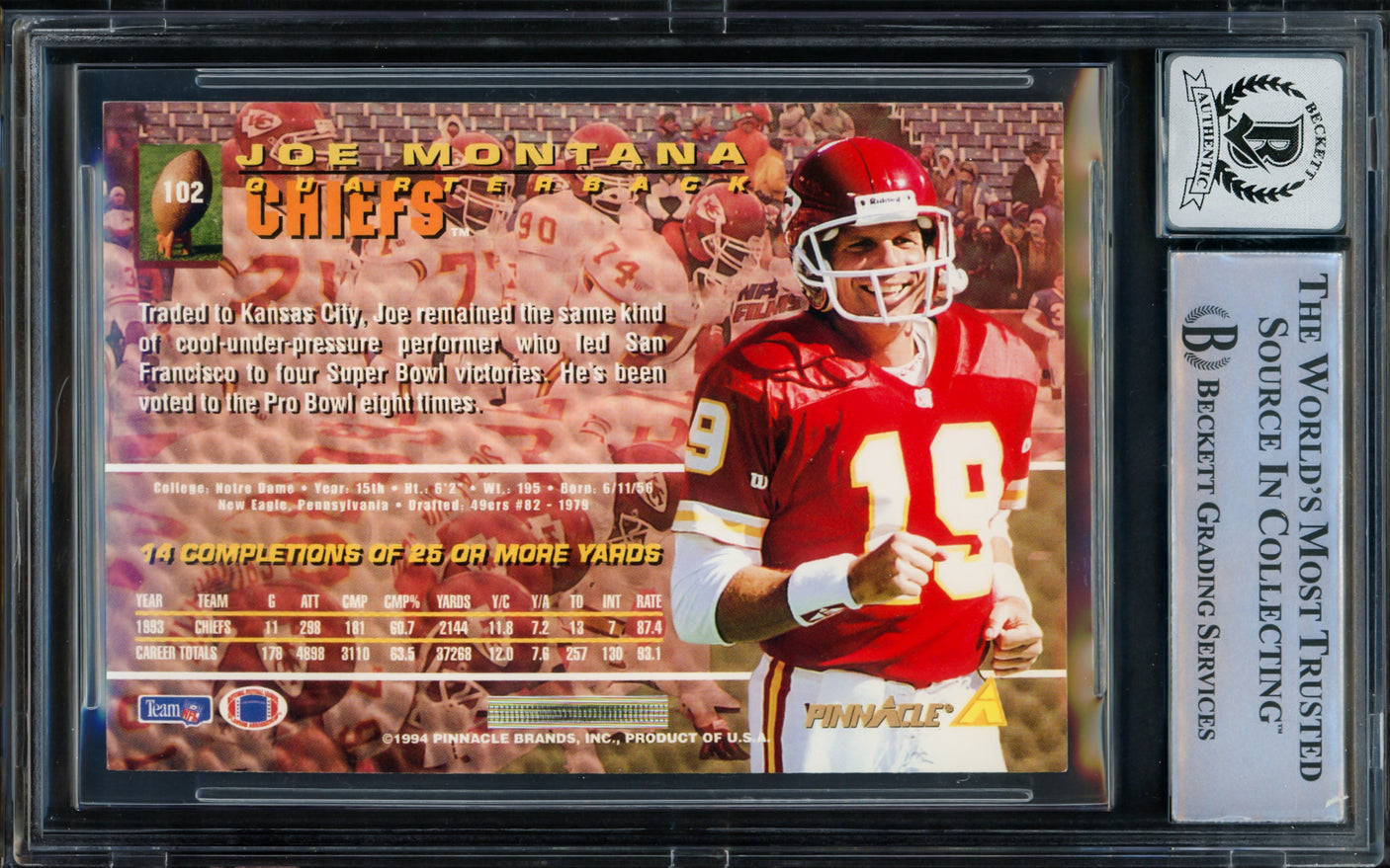 Joe Montana Autographed 1994 Pinnacle Card #102 Kansas City Chiefs Auto Grade Gem Mint 10 Beckett BAS #16170769