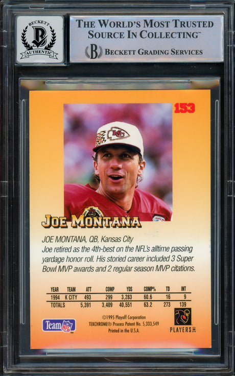 Joe Montana Autographed 1995 Playoff Prime Card #153 Kansas City Chiefs Auto Grade Gem Mint 10 Beckett BAS #16170842