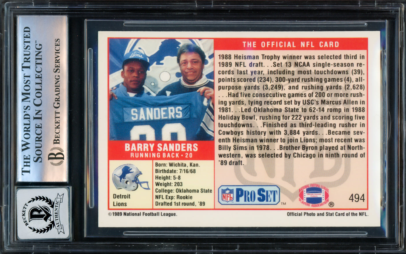 Barry Sanders Autographed 1989 Pro Set Rookie Card #494 Detroit Lions Auto Grade Gem Mint 10 Vintage Rookie Signature Beckett BAS #16172666