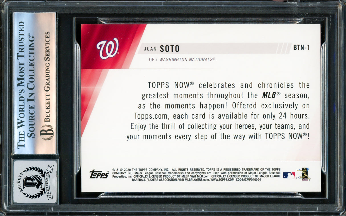 Juan Soto Autographed 2020 Topps Now Card #BTN-1 New York Yankees Auto Grade Gem Mint 10 Beckett BAS #16172740