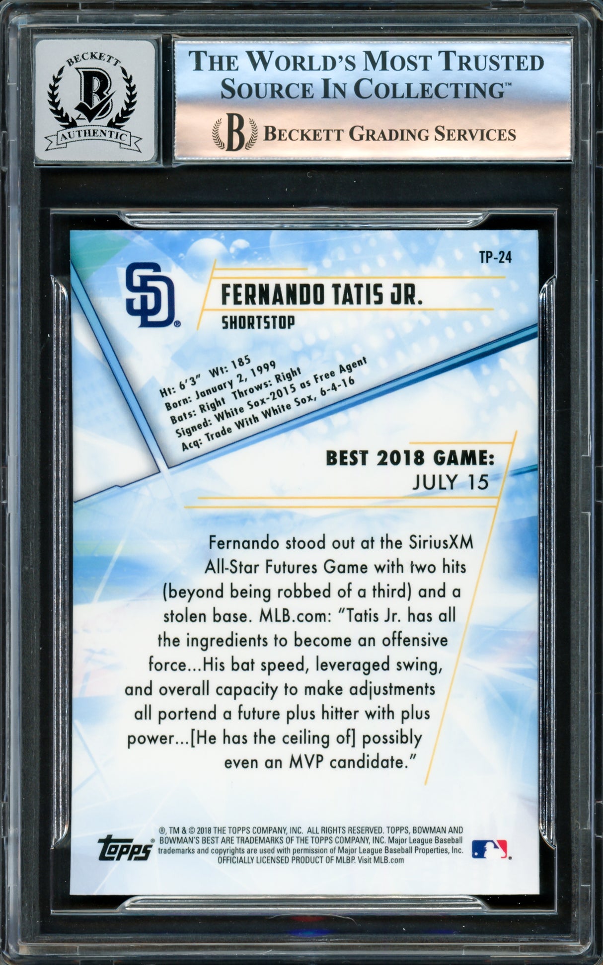 Fernando Tatis Jr. Autographed 2018 Bowman's Best Rookie Card #TP-24 San Diego Padres Auto Grade Gem Mint 10 Beckett BAS #16172837