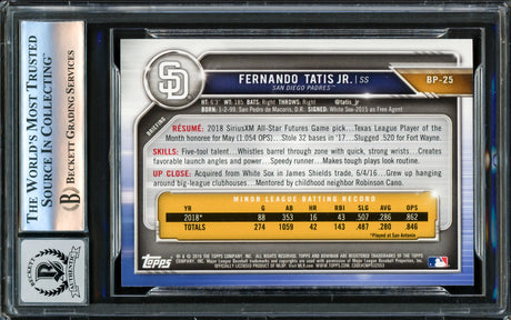 Fernando Tatis Jr. Autographed 2019 Bowman Prospects Rookie Card #BP25 San Diego Padres Auto Grade Gem Mint 10 Beckett BAS #16172838