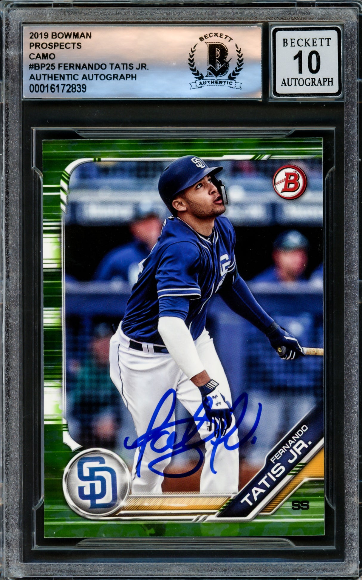 Fernando Tatis Jr. Autographed 2019 Bowman Prospects Camo Green Rookie Card #BP25 San Diego Padres Auto Grade Gem Mint 10 Beckett BAS #16172839