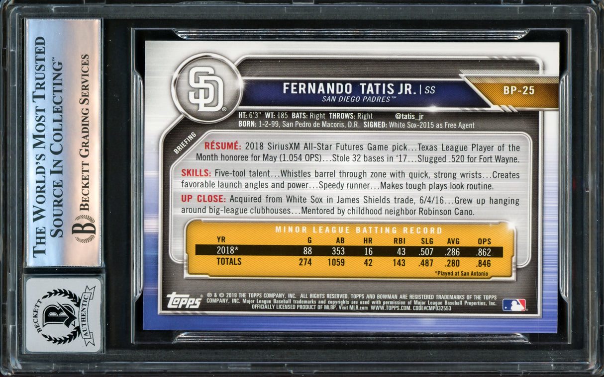 Fernando Tatis Jr. Autographed 2019 Bowman Prospects Camo Green Rookie Card #BP25 San Diego Padres Auto Grade Gem Mint 10 Beckett BAS #16172839