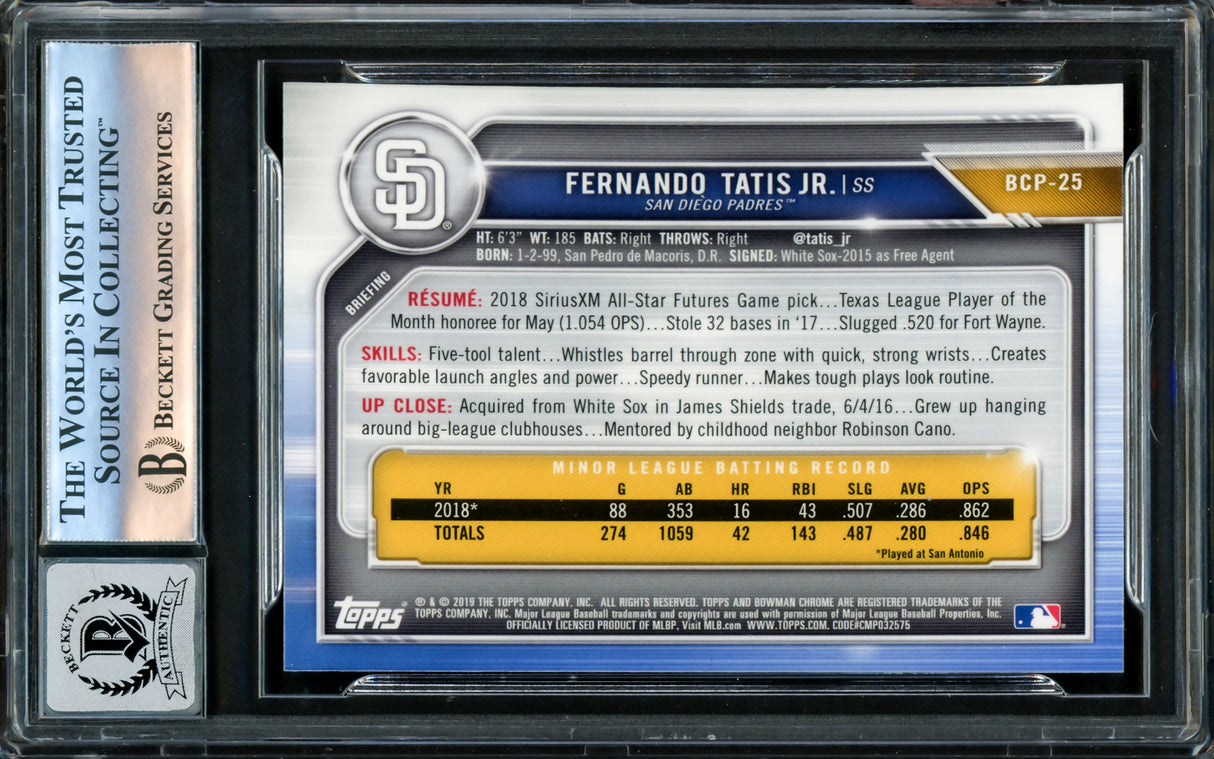 Fernando Tatis Jr. Autographed 2019 Bowman Chrome Prospects Rookie Card #BCP25 San Diego Padres Auto Grade Gem Mint 10 Beckett BAS #16172840