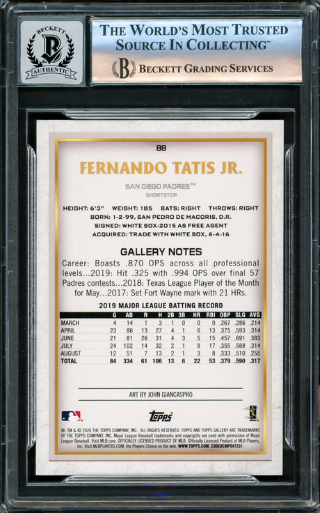 Fernando Tatis Jr. Autographed 2020 Topps Gallery Card #88 San Diego Padres Auto Grade Gem Mint 10 Beckett BAS #16173071