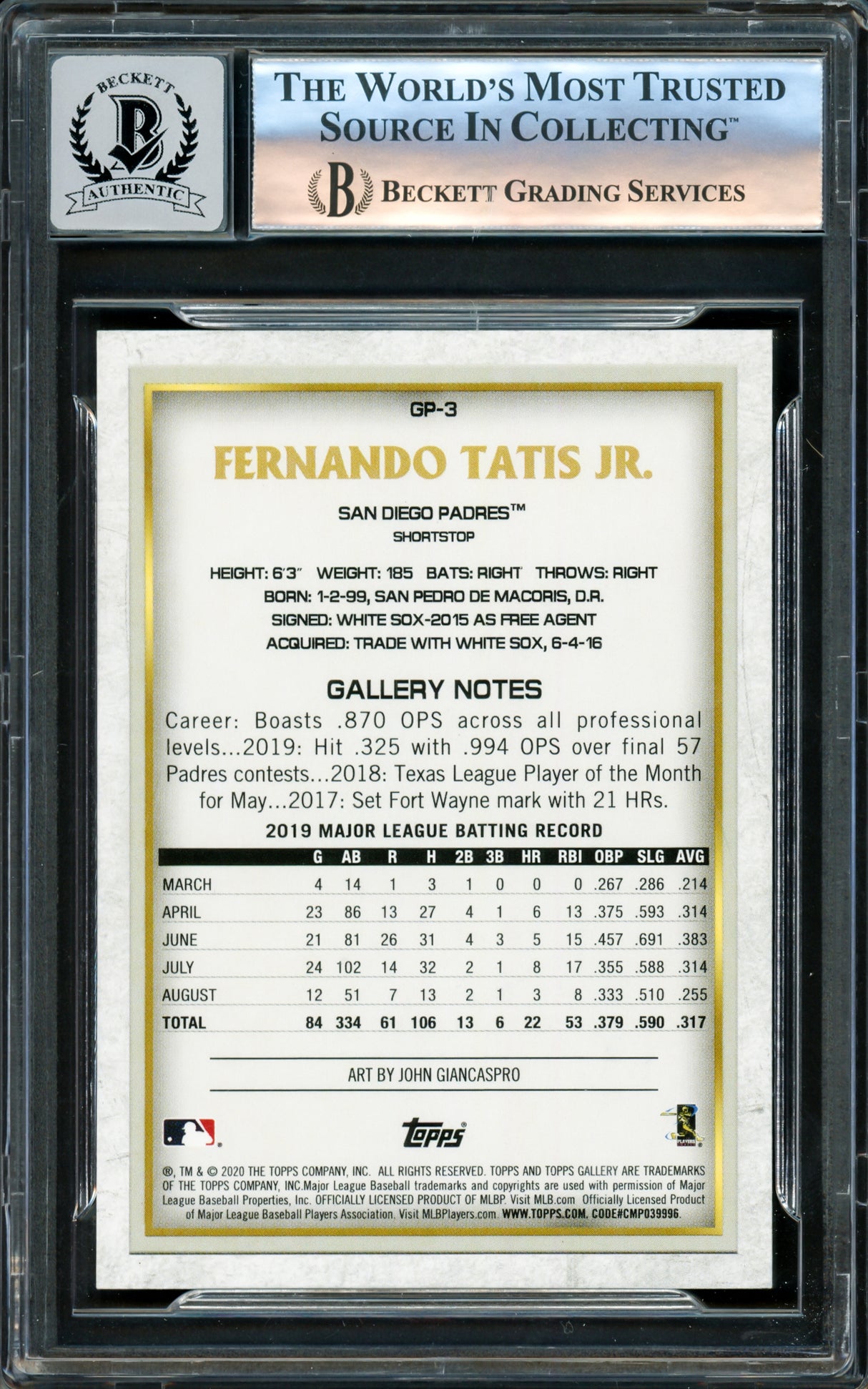 Fernando Tatis Jr. Autographed 2020 Topps Gallery National Baseball Card Day Card #GP-3 San Diego Padres Auto Grade Gem Mint 10 Beckett BAS #16173073