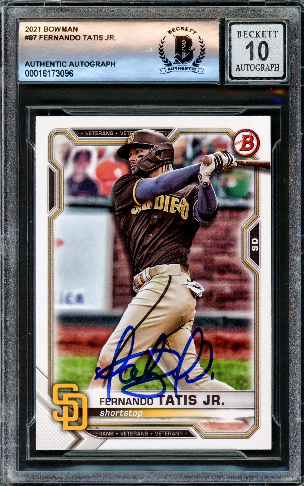 Fernando Tatis Jr. Autographed 2021 Bowman Card #87 San Diego Padres Auto Grade Gem Mint 10 Beckett BAS #16173096