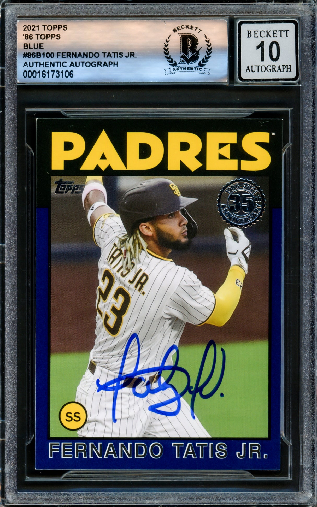 Fernando Tatis Jr. Autographed 2021 Topps 35th Anniversary Blue Card #86B-100 San Diego Padres Auto Grade Gem Mint 10 Beckett BAS #16173106