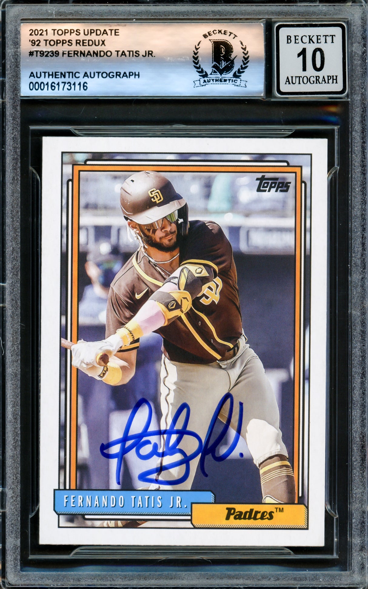 Fernando Tatis Jr. Autographed 2021 Topps 1992 Throwback Card #T92-39 San Diego Padres Auto Grade Gem Mint 10 Beckett BAS #16173116