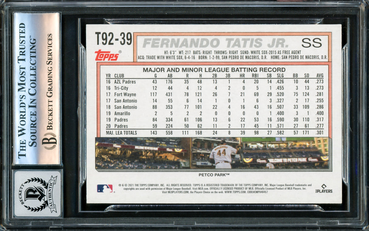 Fernando Tatis Jr. Autographed 2021 Topps 1992 Throwback Card #T92-39 San Diego Padres Auto Grade Gem Mint 10 Beckett BAS #16173116