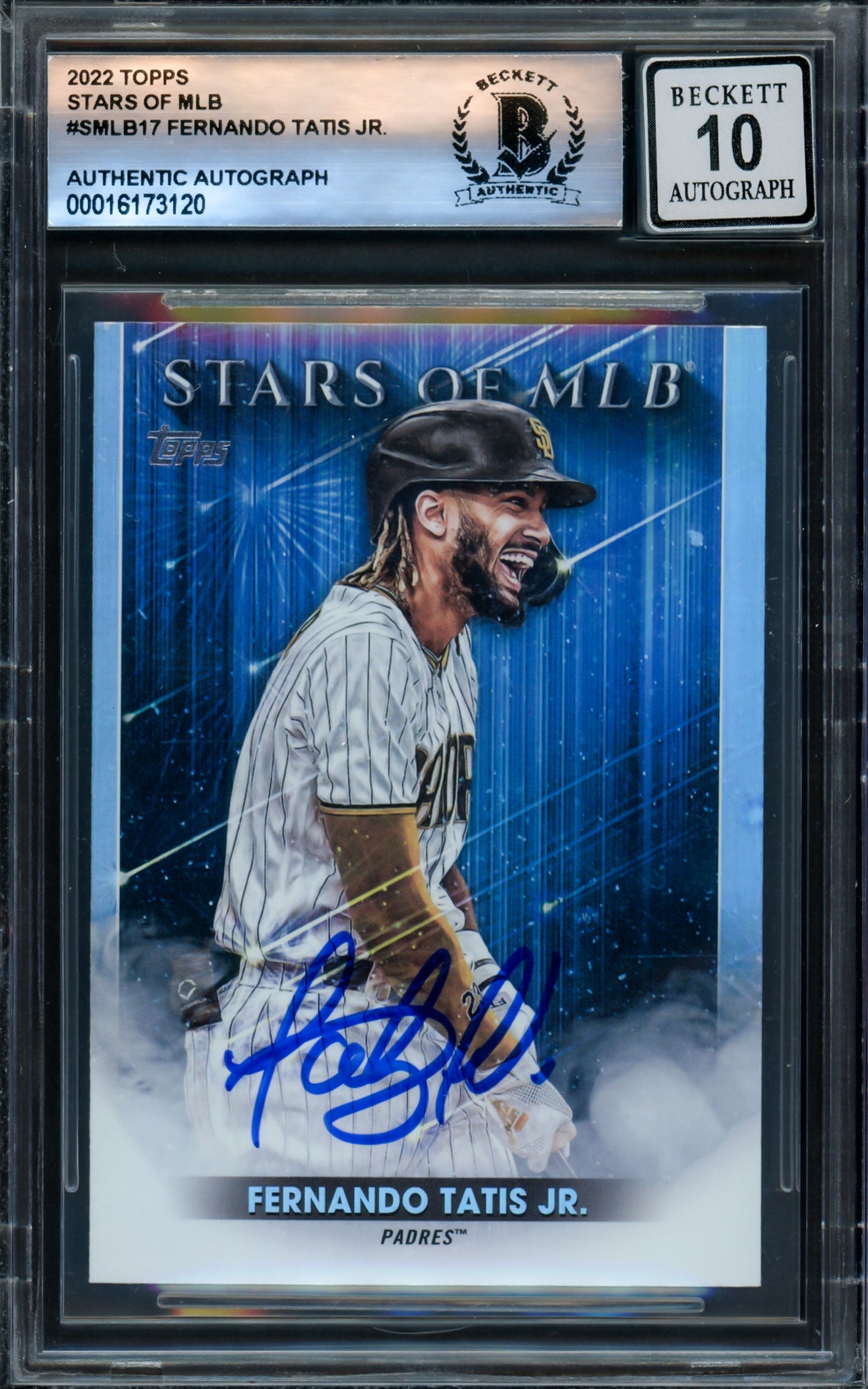 Fernando Tatis Jr. Autographed 2022 Topps Stars of MLB Card #SMLB-17 San Diego Padres Auto Grade Gem Mint 10 Beckett BAS #16173120