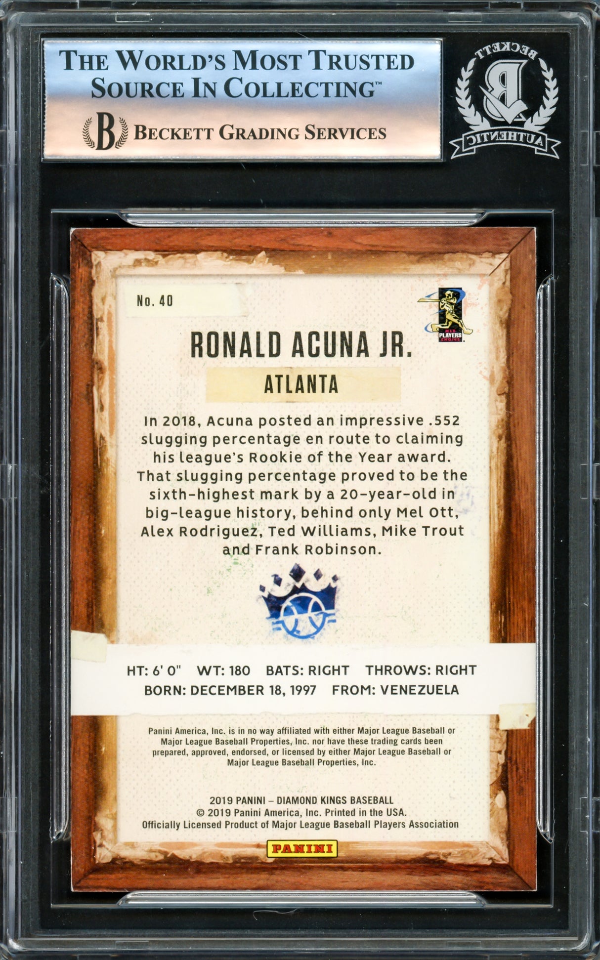 Ronald Acuna Jr. Autographed 2019 Donruss Diamond Kings Card #40 Atlanta Braves Beckett BAS #16175131