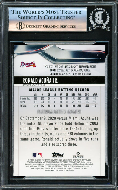 Ronald Acuna Jr. Autographed 2021 Bowman Platinum Card #9 Atlanta Braves Beckett BAS #16175149