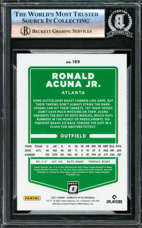 Ronald Acuna Jr. Autographed 2021 Donruss Optic Card #189 Atlanta Braves Beckett BAS #16175153