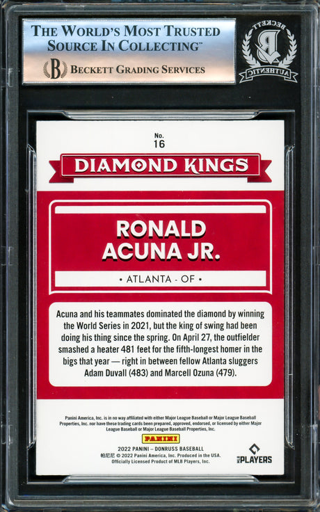 Ronald Acuna Jr. Autographed 2022 Donruss Diamond Kings Card #16 Atlanta Braves Beckett BAS #16175310