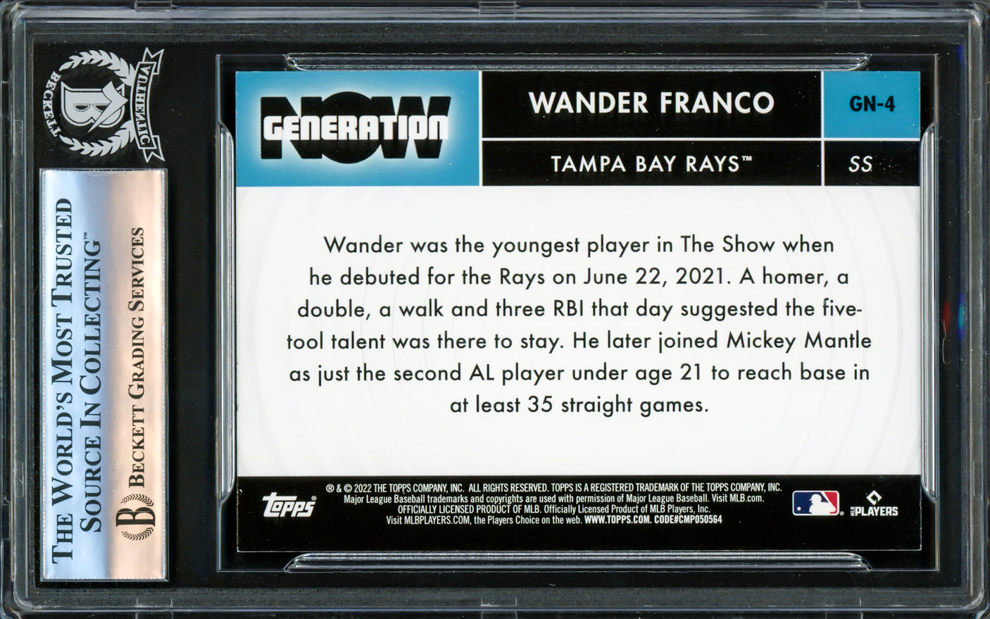 Wander Franco Autographed 2022 Topps Generation Now Rookie Card #GN4 Tampa Bay Rays Beckett BAS #16175971