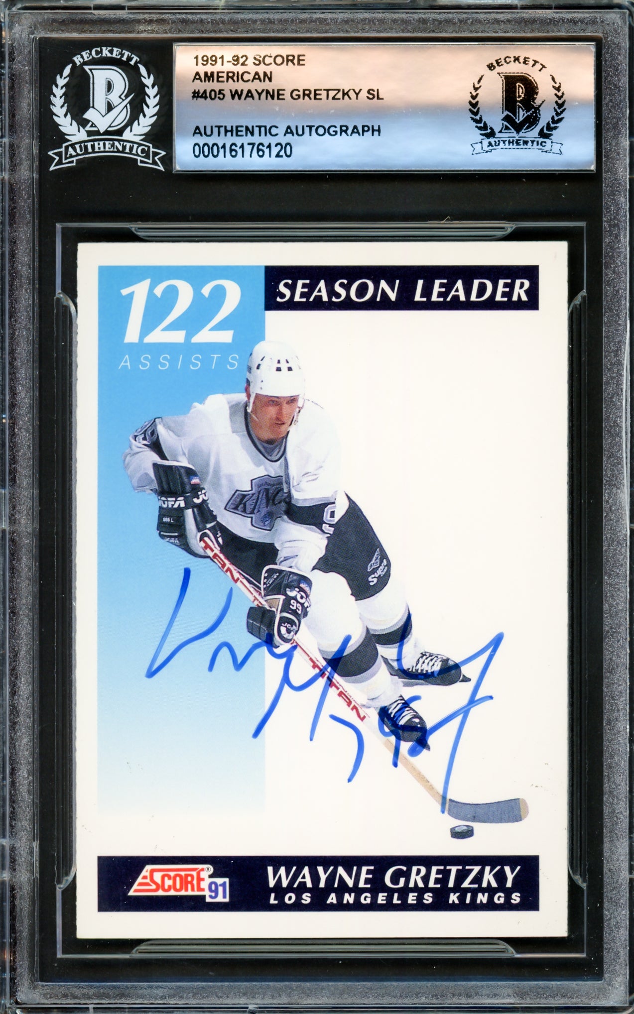 Wayne Gretzky Autographed 1991-92 Score American Card #405 Los Angeles Kings Beckett BAS #16176120