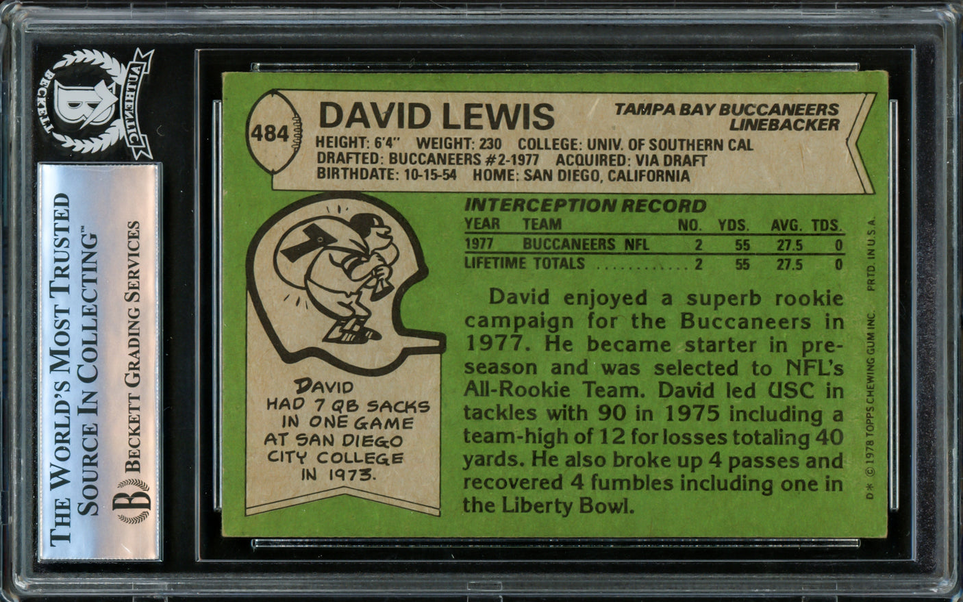 David Lewis Autographed 1978 Topps Rookie Card #484 Tampa Bay Buccaneers Beckett BAS #16176294