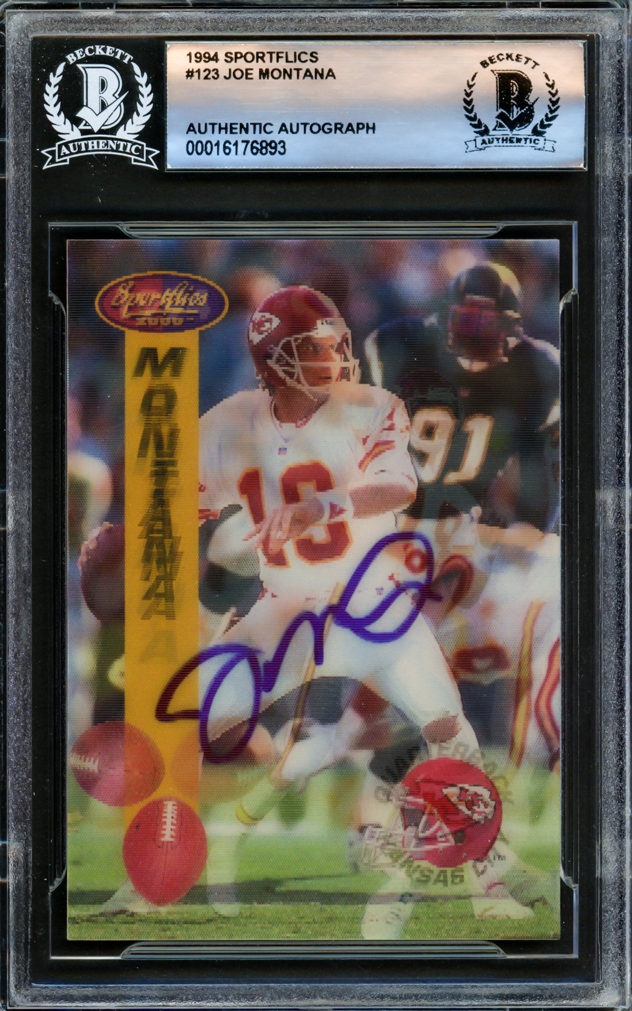 Joe Montana Autographed 1994 Sportflics Card #123 Kansas City Chiefs Beckett BAS #16176893