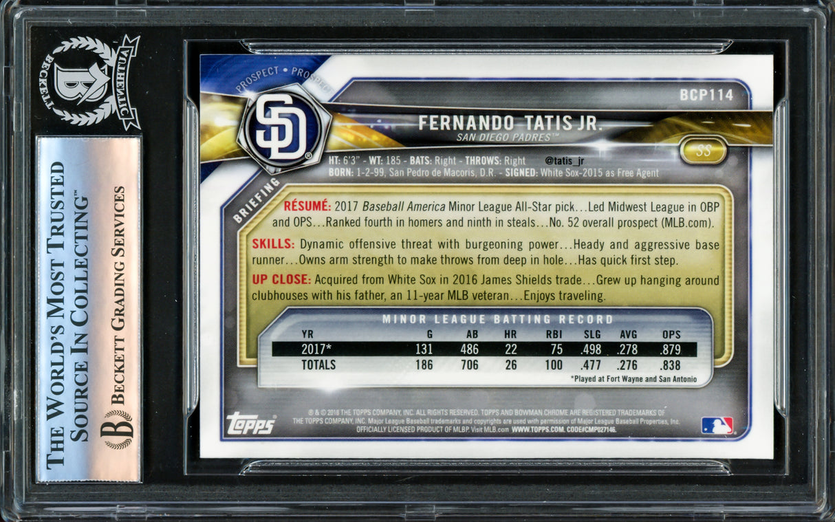 Fernando Tatis Jr. Autographed 2018 Bowman Chrome Prospects Rookie Card #BCP114 San Diego Padres Beckett BAS #16177967