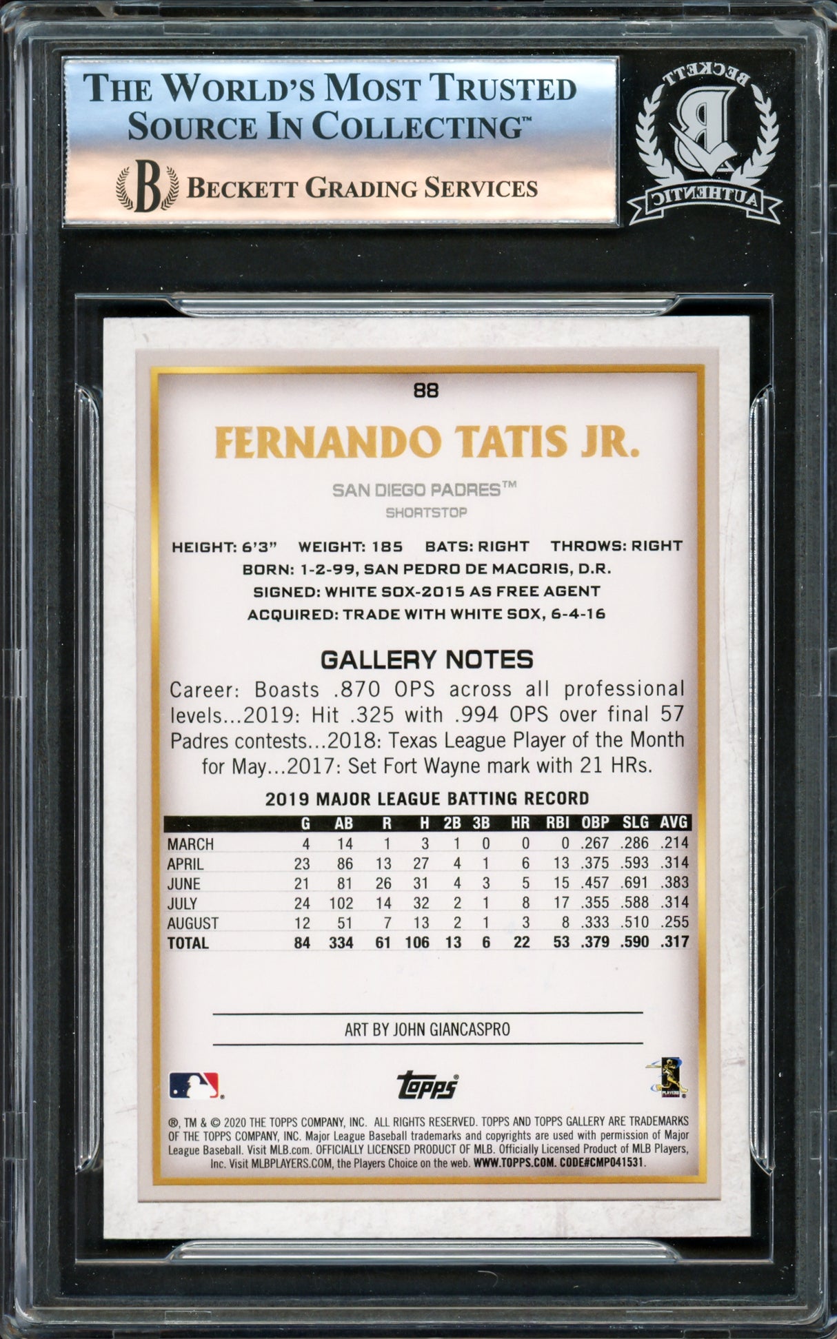 Fernando Tatis Jr. Autographed 2020 Topps Gallery Card #88 San Diego Padres Beckett BAS #16177989