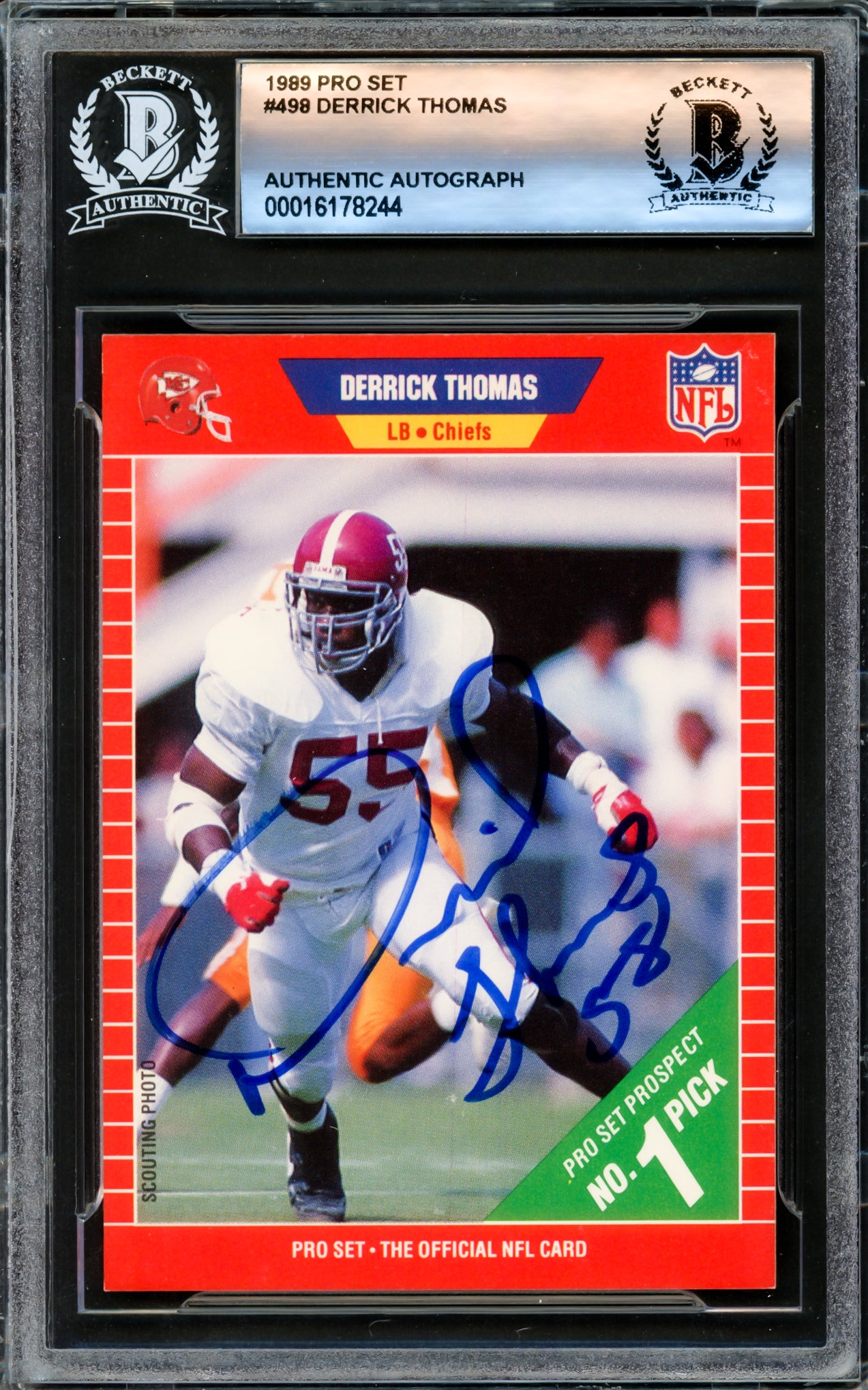 Derrick Thomas Autographed 1989 Pro Set Rookie Card #498 Kansas City Chiefs Beckett BAS #16178244