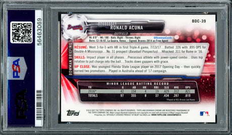 Ronald Acuna Jr. Autographed 2017 Bowman Draft Chrome Rookie Card #BDC39 Atlanta Braves PSA 9 Auto Grade Gem Mint 10 PSA/DNA #56463069