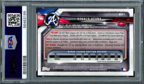 Ronald Acuna Jr. Autographed 2018 Bowman Prospects Chrome Rookie Card #1 Atlanta Braves PSA 9 Auto Grade Gem Mint 10 PSA/DNA #56463195