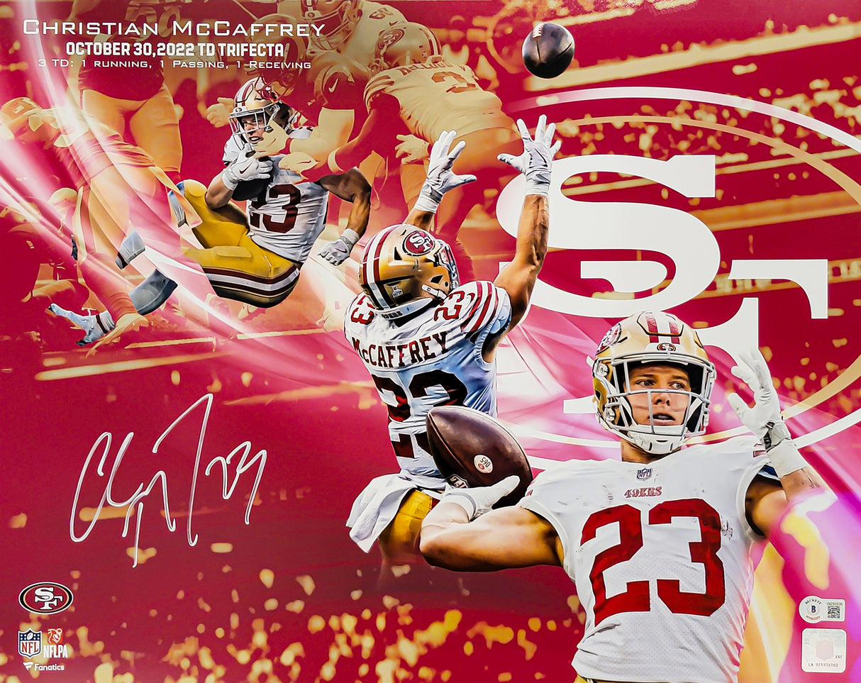 Christian McCaffrey Autographed 16x20 Photo San Francisco 49ers Rushing Receiving Passing Touchdown Trifecta Collage Beckett BAS Witness Stock #211019