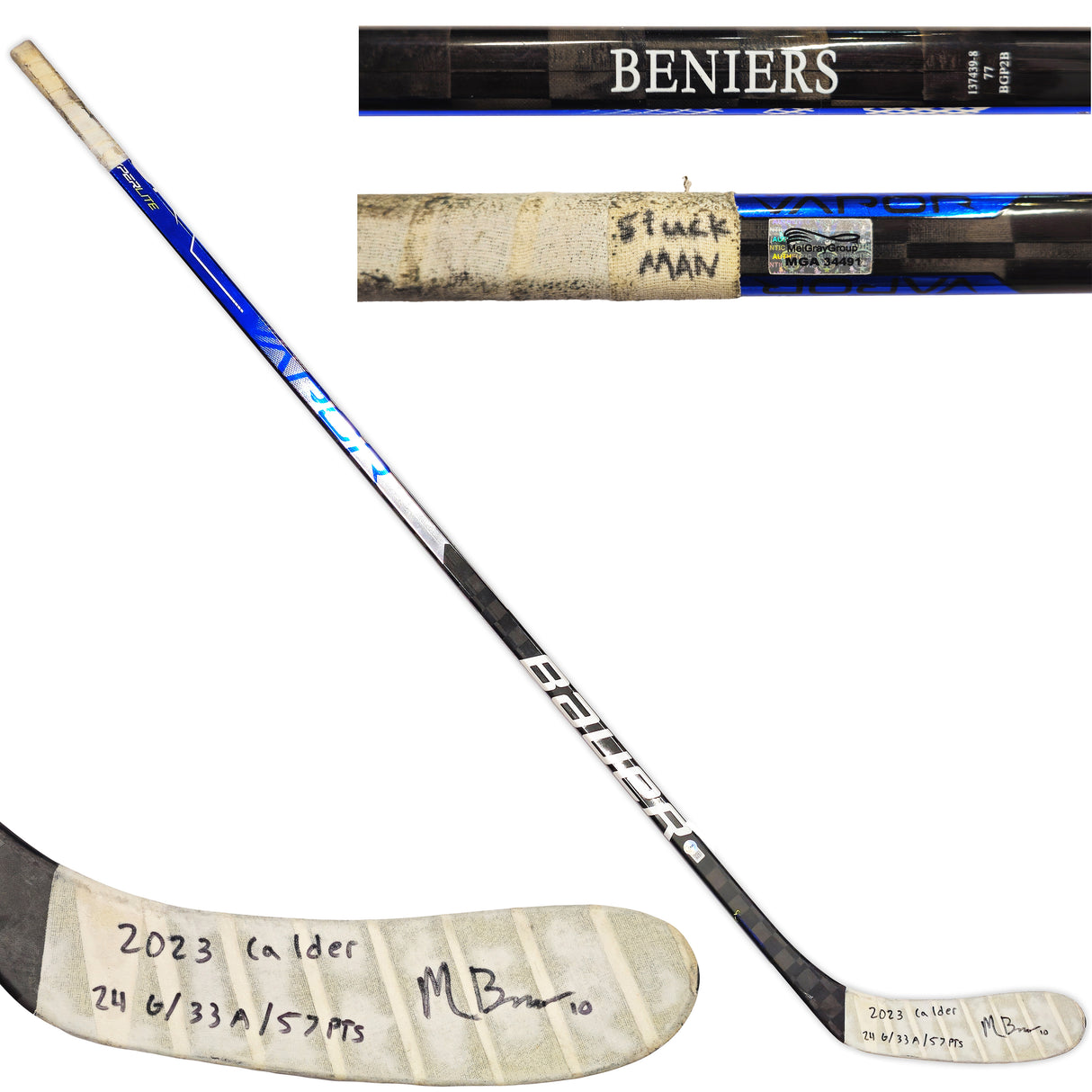 Matty Beniers Autographed 2022-23 Rookie Season Game Used Bauer Vapor Hyperlite Hockey Stick Seattle Kraken "2023 Calder, 24 G, 33 A, & 57 PTS." (Photo Matched) Beckett BAS QR & MeiGray Group #MGA34491