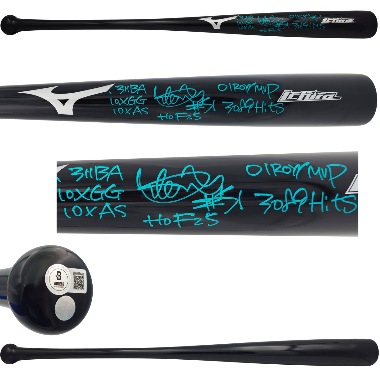 Ichiro Suzuki Autographed Black Mizuno Player Model Baseball Bat Seattle Mariners With 6 Stats "HOF 25" IS Holo & Beckett BAS Witness QR Stock #238609