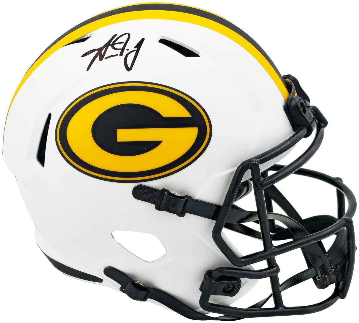 Aaron Jones Autographed Green Bay Packers Lunar Eclipse White Full Size Speed Replica Helmet Beckett BAS Witness Stock #224720