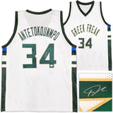 Milwaukee Bucks Giannis Antetokounmpo Autographed White Jersey Beckett BAS Witness Stock #224707