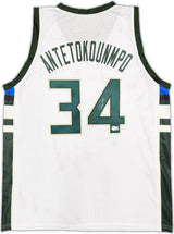 Milwaukee Bucks Giannis Antetokounmpo Autographed White Jersey Beckett BAS Witness Stock #224707