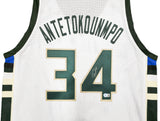 Milwaukee Bucks Giannis Antetokounmpo Autographed White Jersey Beckett BAS Witness Stock #224707