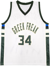 Milwaukee Bucks Giannis Antetokounmpo Autographed White Jersey Beckett BAS Witness Stock #224707