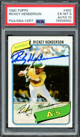 Rickey Henderson Autographed 1980 Topps Rookie Card #482 Oakland A's PSA 6 Auto Grade Gem Mint 10 PSA/DNA #76568982