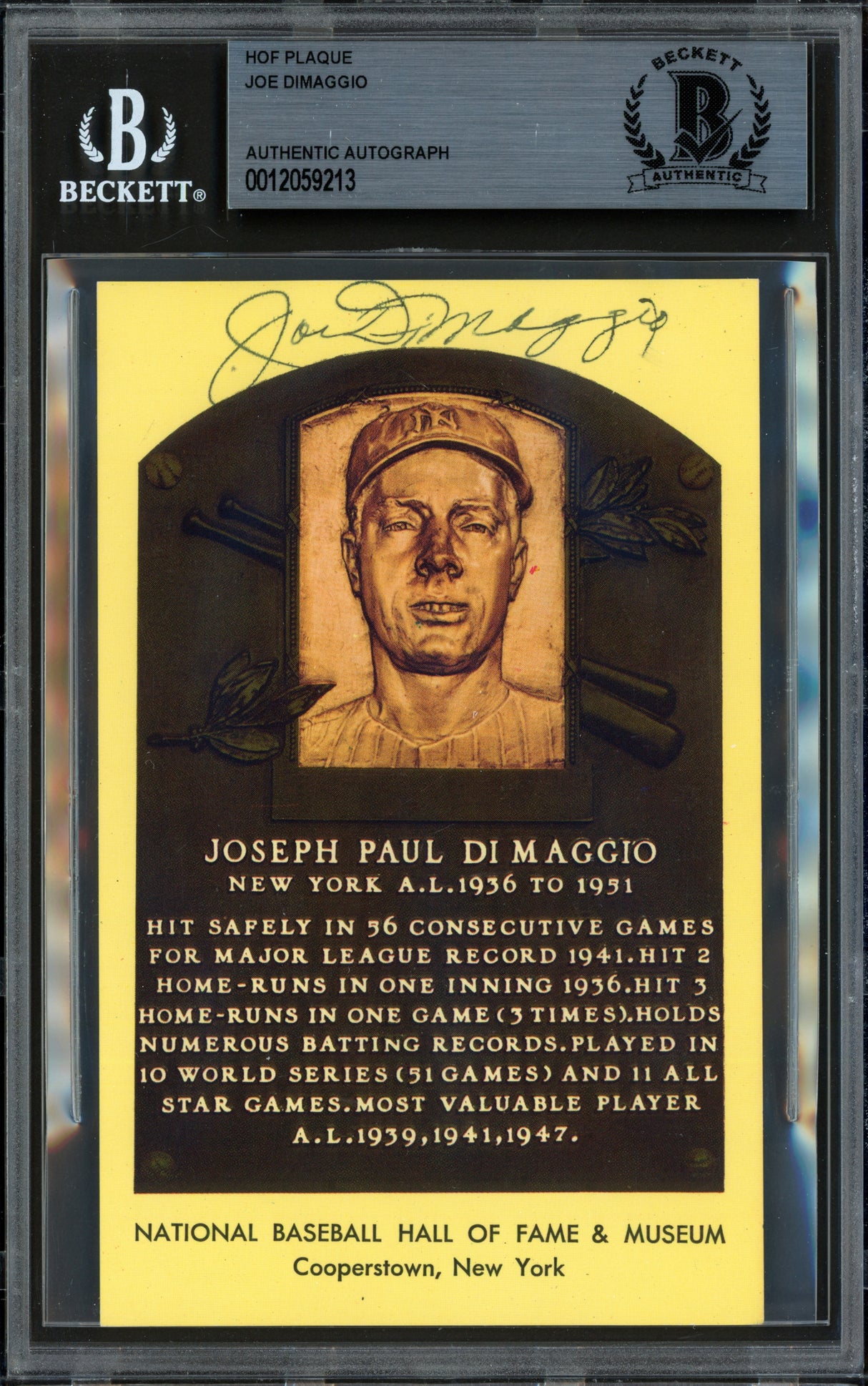 Joe DiMaggio Autographed Hall of Fame HOF Plaque Postcard New York Yankees Beckett BAS #12059213