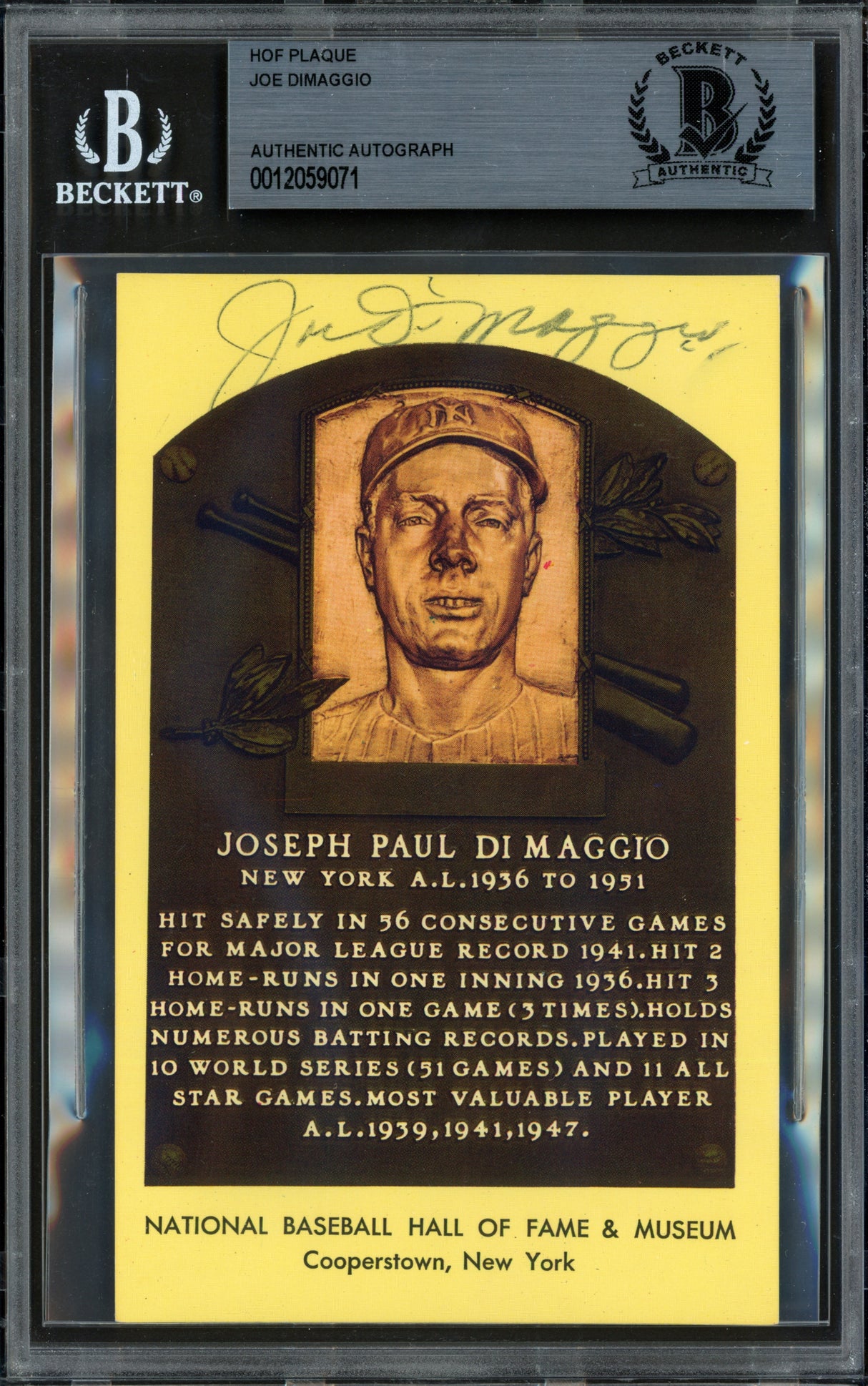 Joe DiMaggio Autographed Hall of Fame HOF Plaque Postcard New York Yankees Beckett BAS #12059071