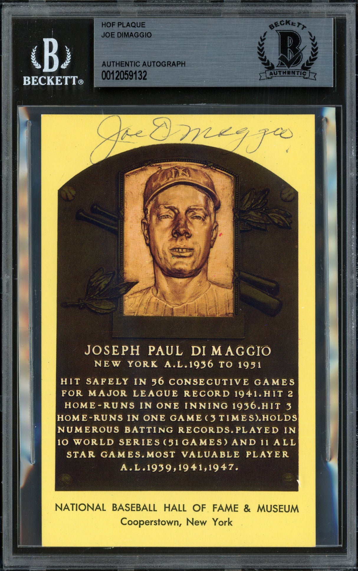 Joe DiMaggio Autographed Hall of Fame HOF Plaque Postcard New York Yankees Beckett BAS #12059132